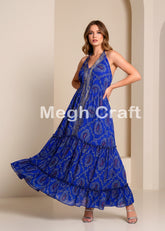 Blue Bandhani Style Halter Dress