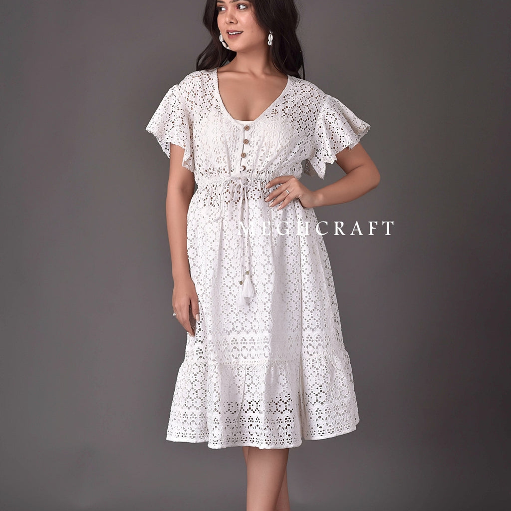 WHITE SCHIFFILI SHORT RUFFLE DRESS