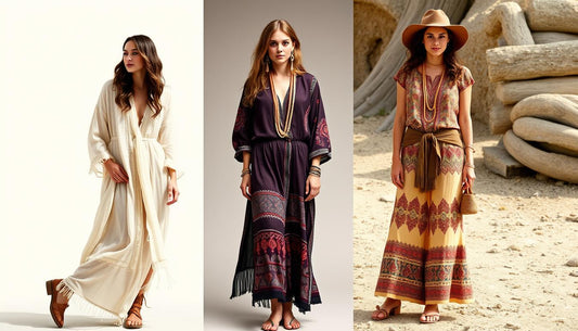 Historical bohemian style clothing with flowing fabrics and natural elements