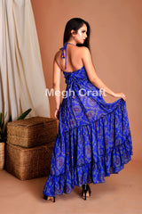Blue Bandhani Style Halter Dress