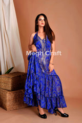 Blue Bandhani Style Halter Dress