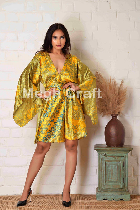 Mini-robe bohème en soie jaune