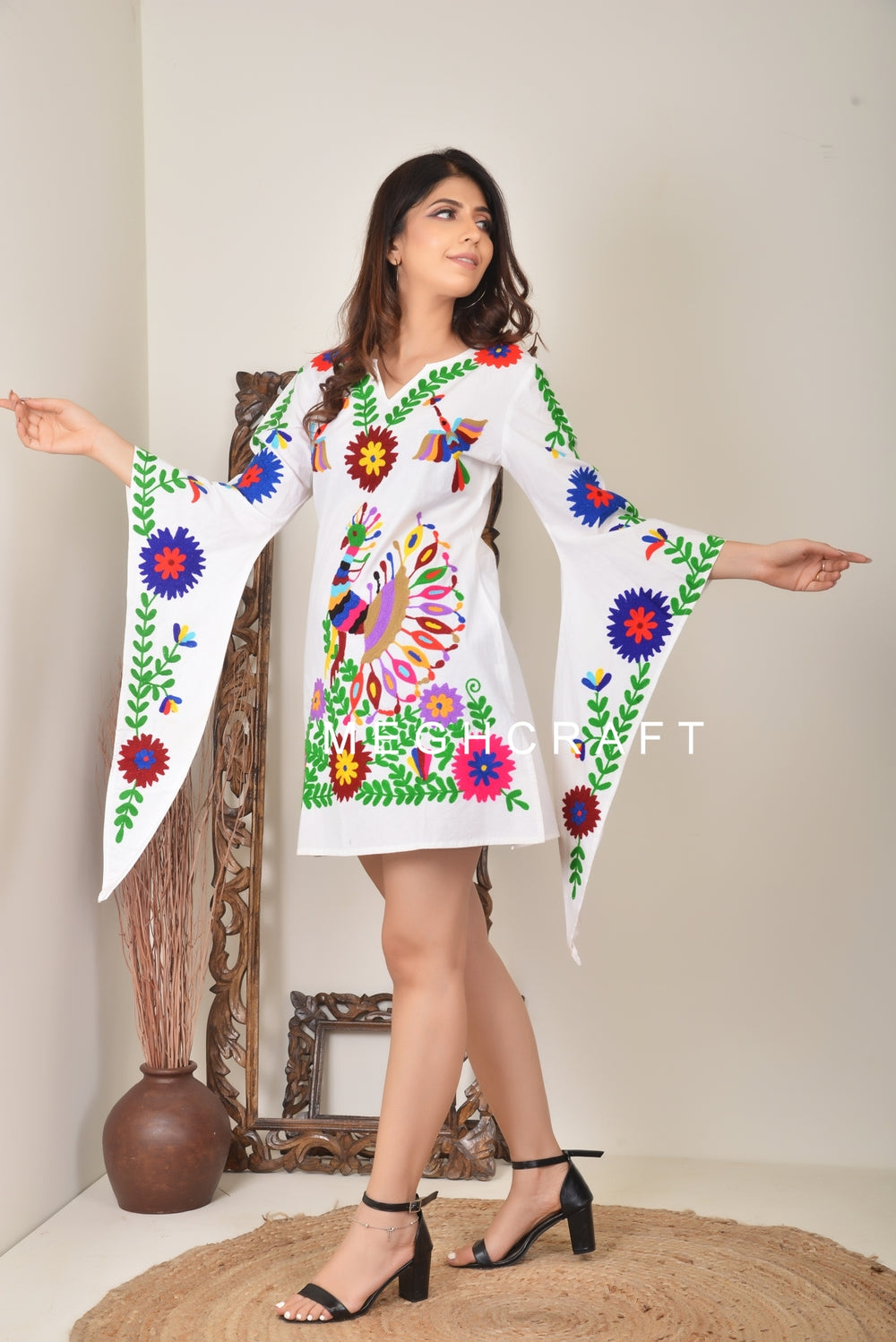 mexican embroidered mini dress Mexican Embroidered Smock Dress S – OMNIA main image 0