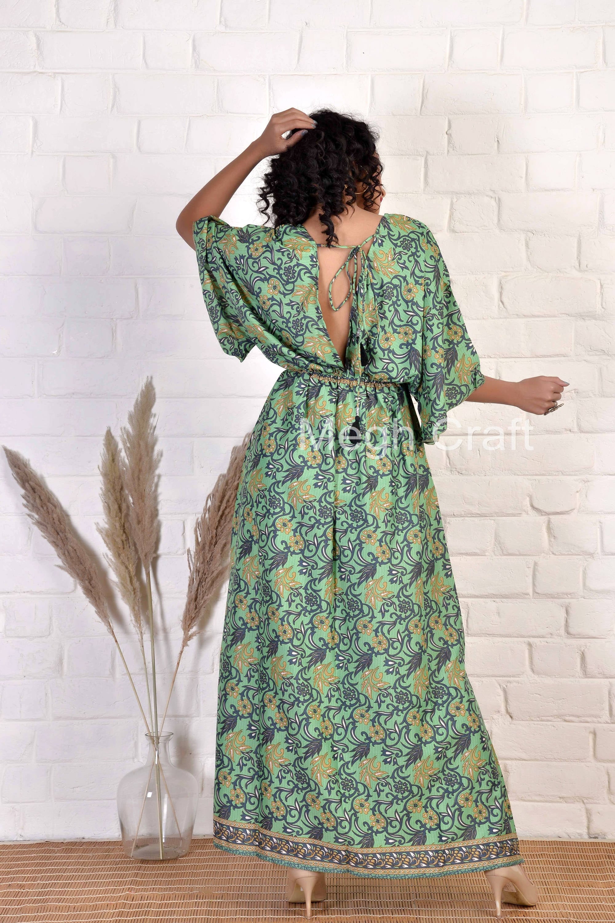 silk bohemian dress Boho Silk Blend Maxi Dress: Plunging Neckline, Flared Sleeves