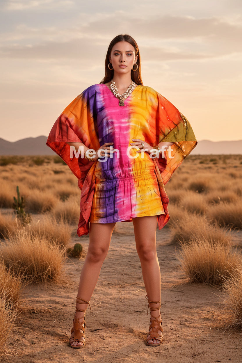 Tie Dye Kaftan Poncho Top | Boho Rayon Women's Top