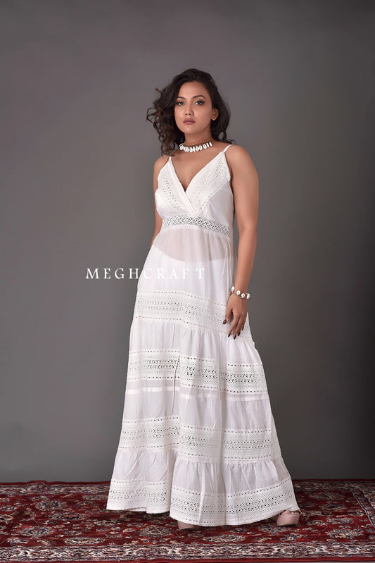 White Schiffli Smocked Maxi Dress