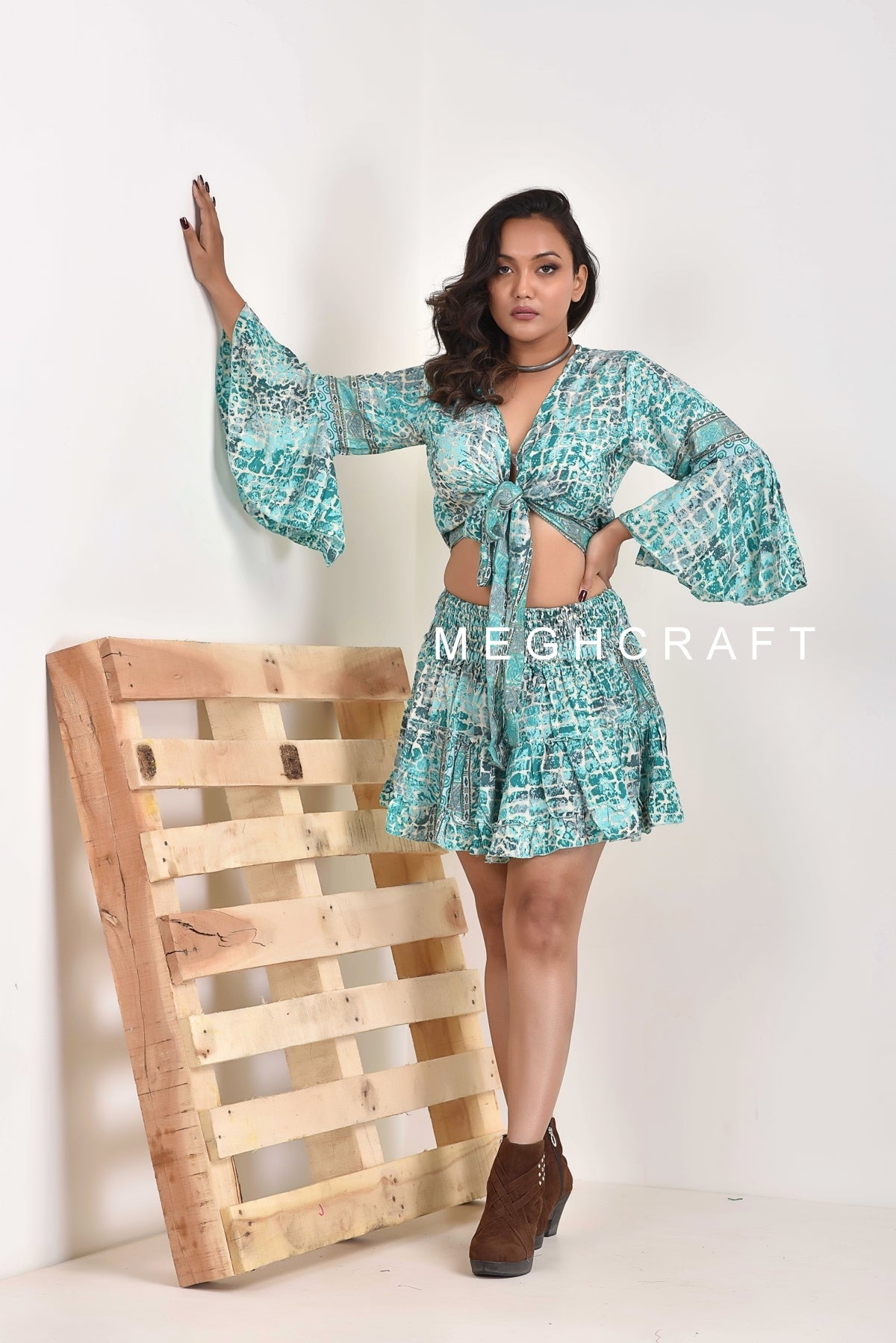 Blue Tie Top Mini Skirt Set