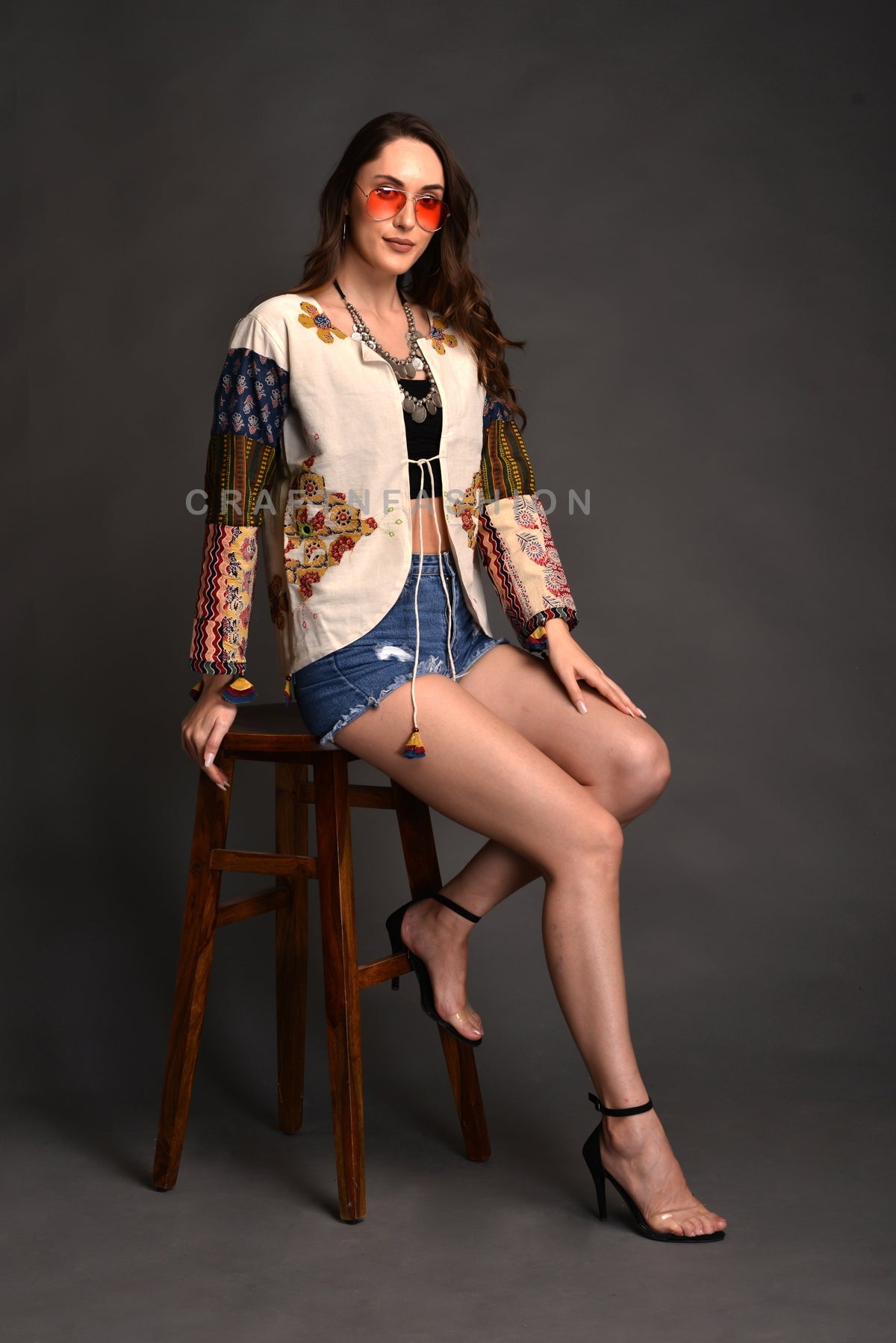 Ajrakh Applique Work jacket Jacket