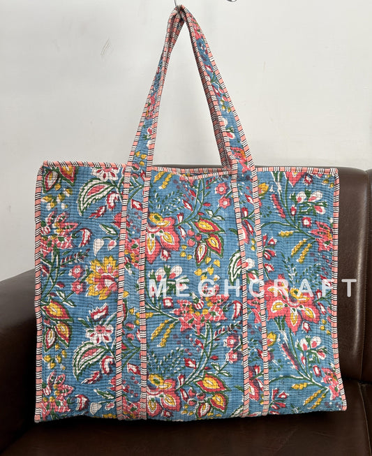 Block Printed Cotton Quilted Tote Bag