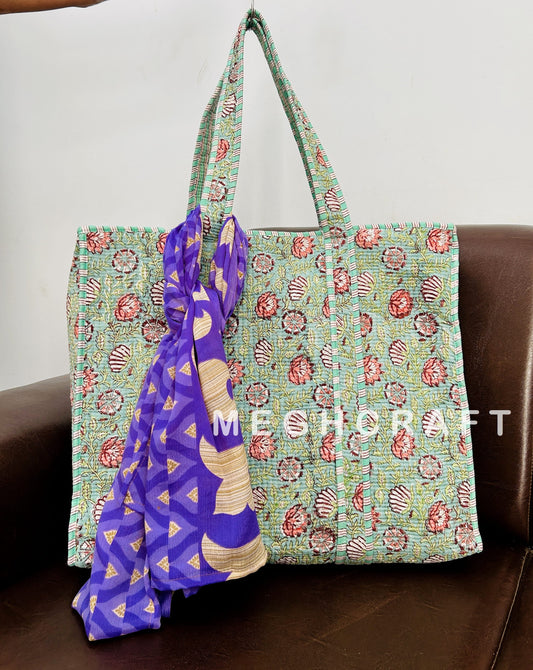 Cotton Quilted Tote Bag Zip Closure