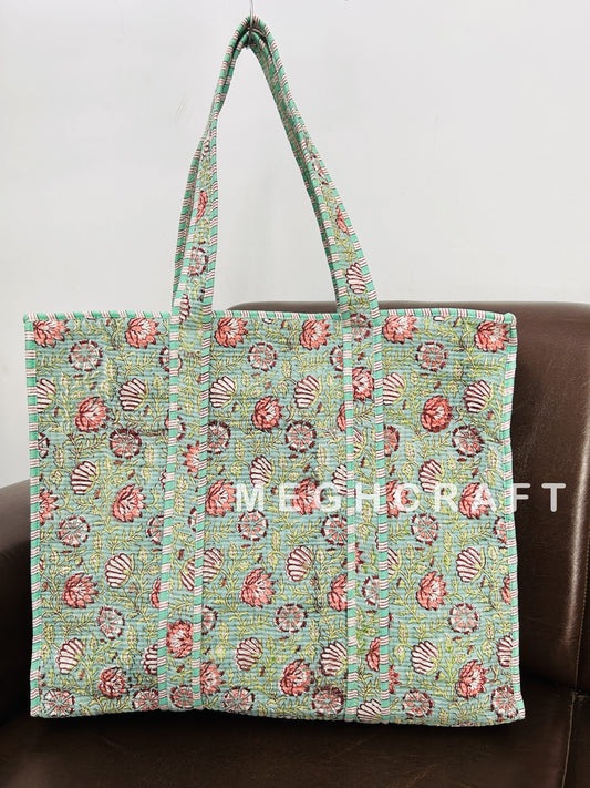 Cotton Quilted Tote Bag Zip Closure