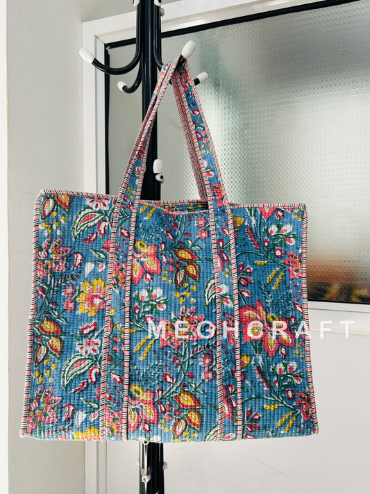 Block Printed Cotton Quilted Tote Bag