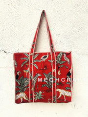 Jungle Themed Cotton Tote Bag Red