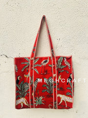 Jungle Themed Cotton Tote Bag Red