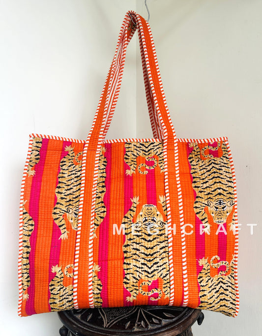 Tiger Print Cotton Quilted Tote Bag