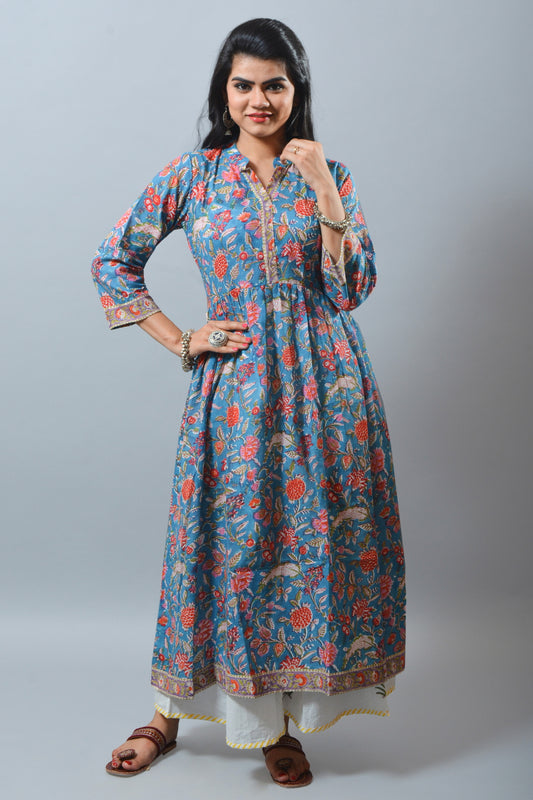 Blue  Hand Block Printed KurtI