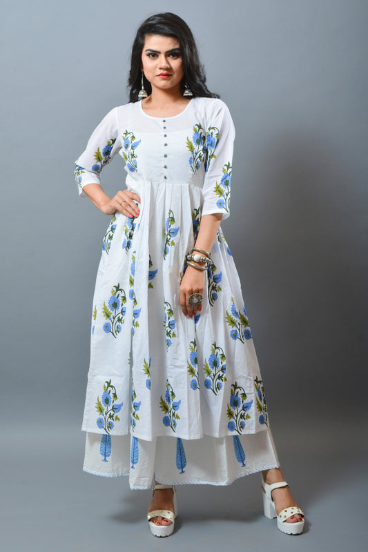 Long Kurti blanc bloqué à la main