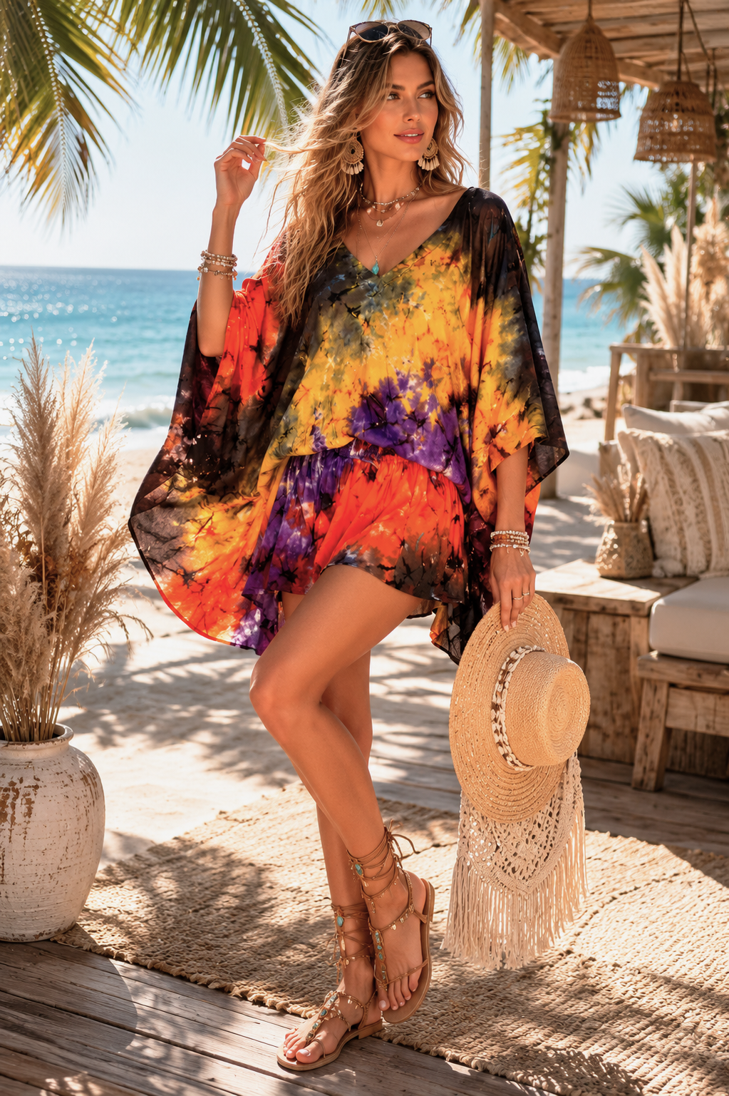 Tie Dye Kaftan Poncho Top | Boho Rayon Women's Top