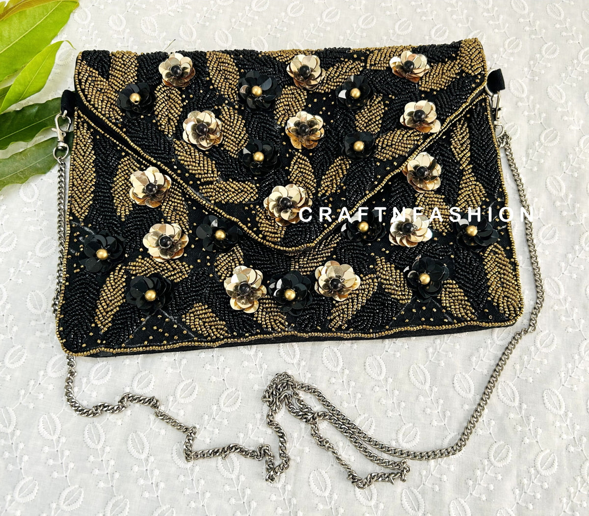 Black Floral Jute Boho Clutch Bag