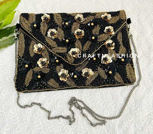 Black Floral Jute Boho Clutch Bag